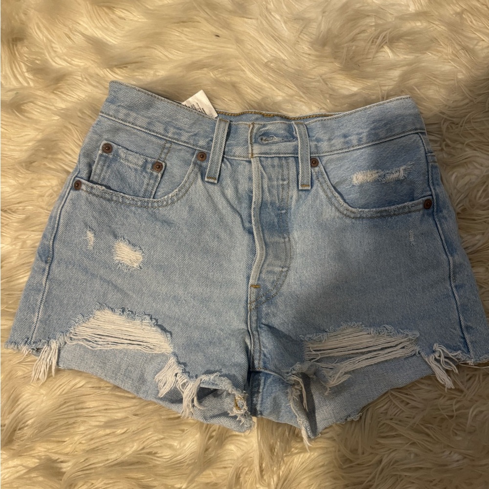 Levi's 501 Blue Distressed Jean Shorts with Frayed Hem